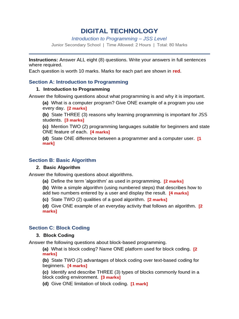 JSS Programming Questions MarkingScheme | PDF | Computer Programming ...