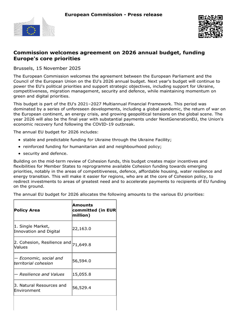 Commission Welcomes Agreement on 2026 Annual Budget Funding Europe s ...