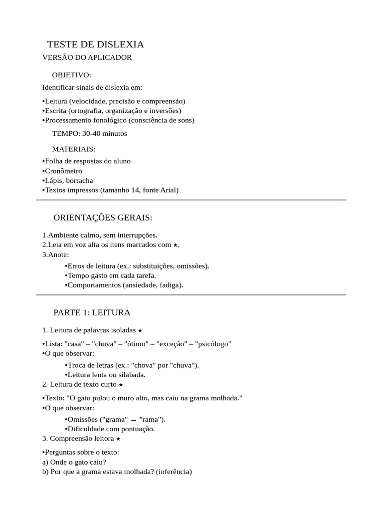 Teste Dislexia - Versão Professor | PDF