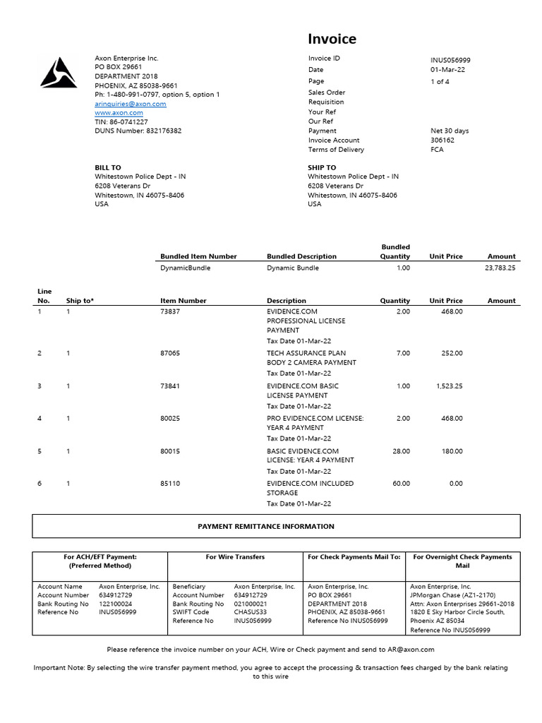Annual Axon Body Camera Invoice | PDF | Wire Transfer | Invoice