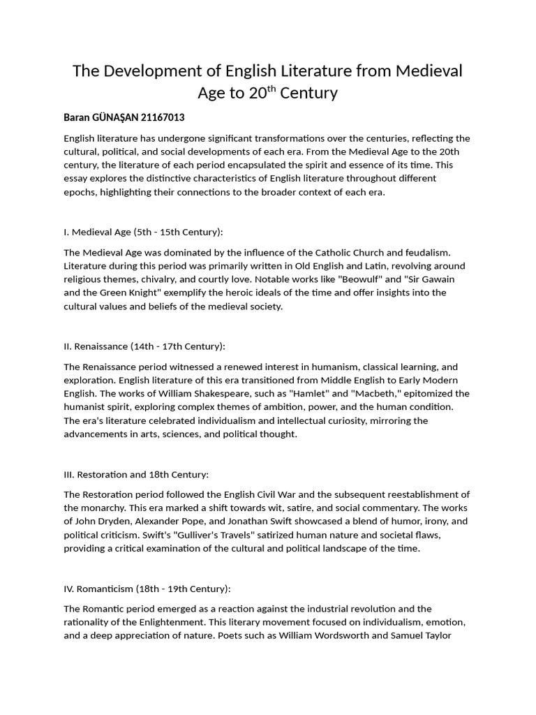 The Development of English Literature From Medieval Age To 20th Century ...