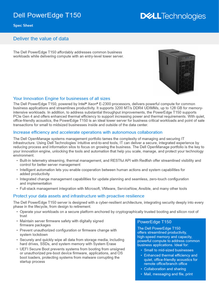 Dell Emc Poweredge t150 Spec Sheet | PDF | Booting | Solid State Drive