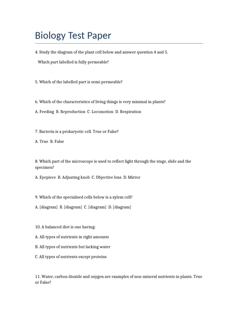 Biology Test Paper | PDF