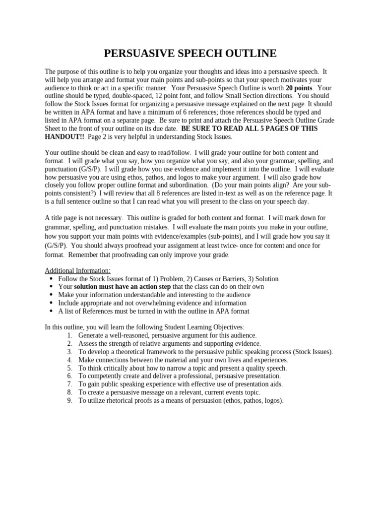 Persuasive Speech Outline Handout | PDF | Public Speaking | Rhetoric
