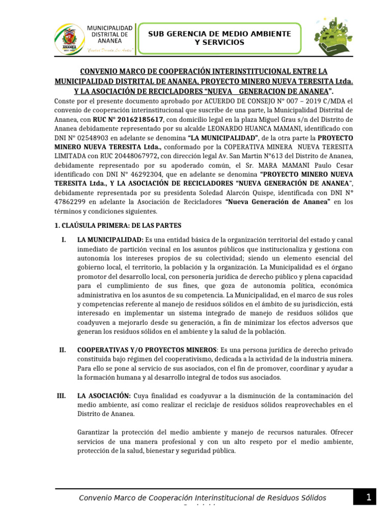 Convenio Marco de Cooperacion Interns. Mda y Cm Nueva Teresita Ltda ...