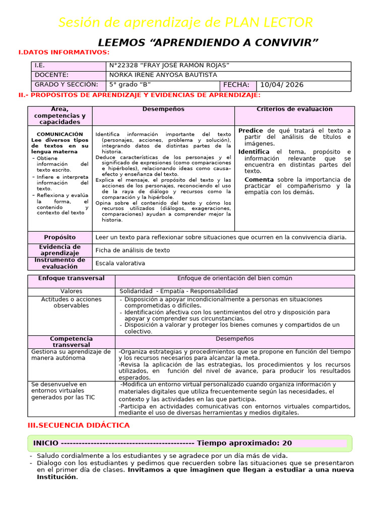 Sesión de Aprendizaje Plan Lector Una Convivencia Armoniosa | PDF ...