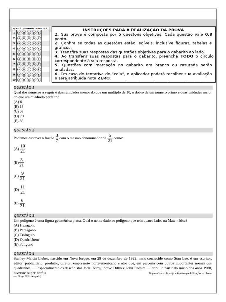 Prova 6º Ano Mat 3º Tri | PDF