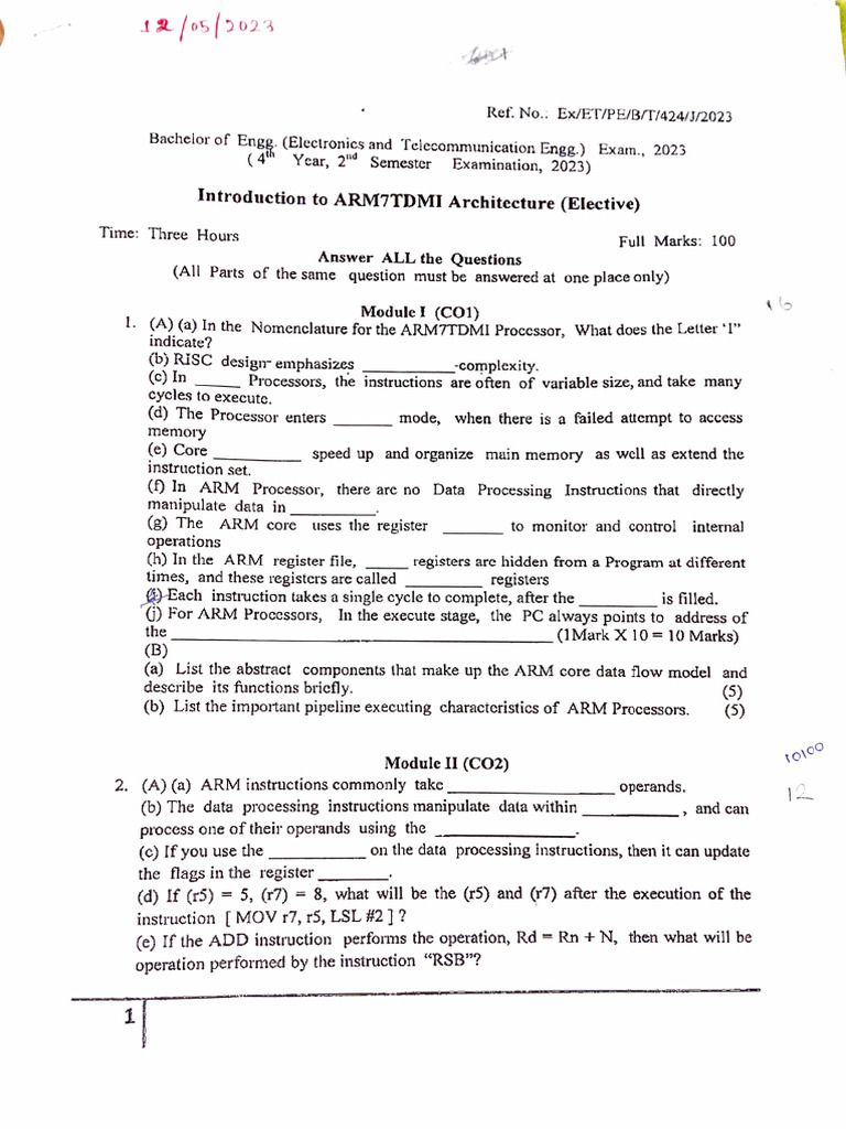 ARM sem paper 2023_AmitBar | PDF | Microcontroller | Central Processing ...
