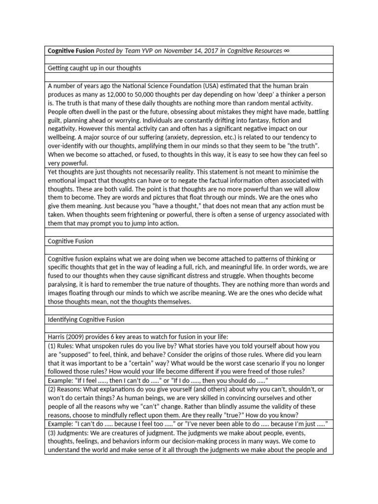 Cognitive Fusion | PDF | Thought | Mind
