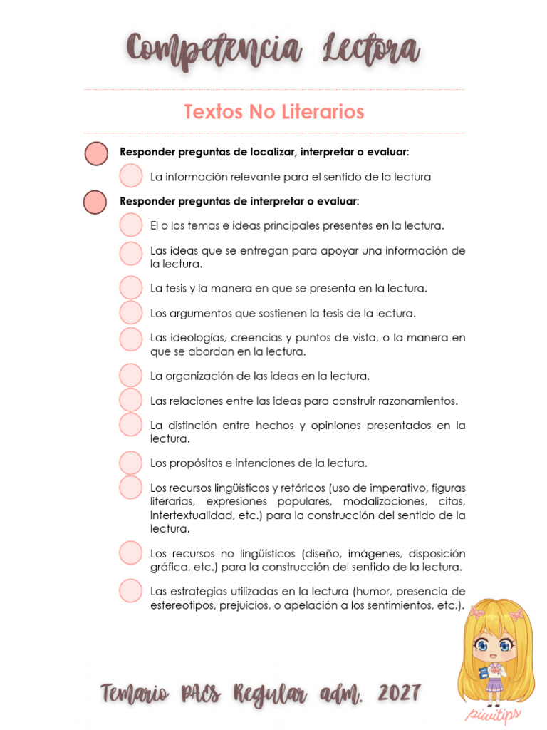 Checklist Temario Regular Competencia Lectora 2026 | PDF | Narración