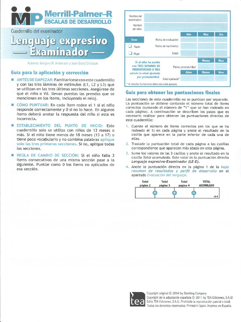 Merrill Palmer Lenguaje Expresivo Examinador | PDF