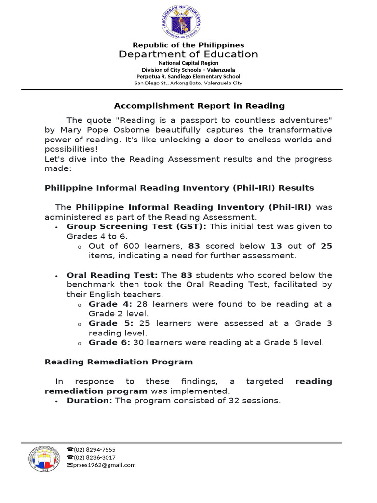 Accomplishment Report in Reading 2026 | PDF | Cognition | Behavior ...