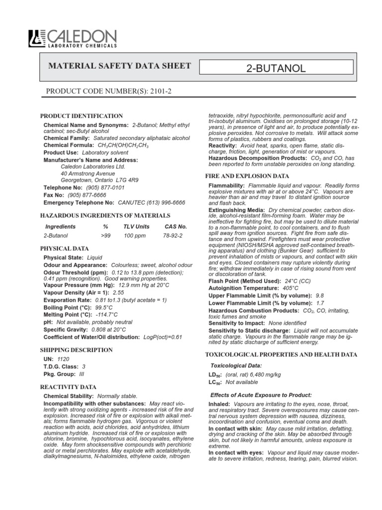 2 Butanol Msds Pdf Flammability Carbon Dioxide