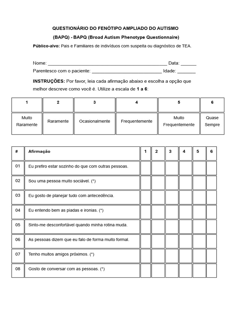 Bapq - Questionário Do Fenótipo Ampliado Do Autismo | PDF