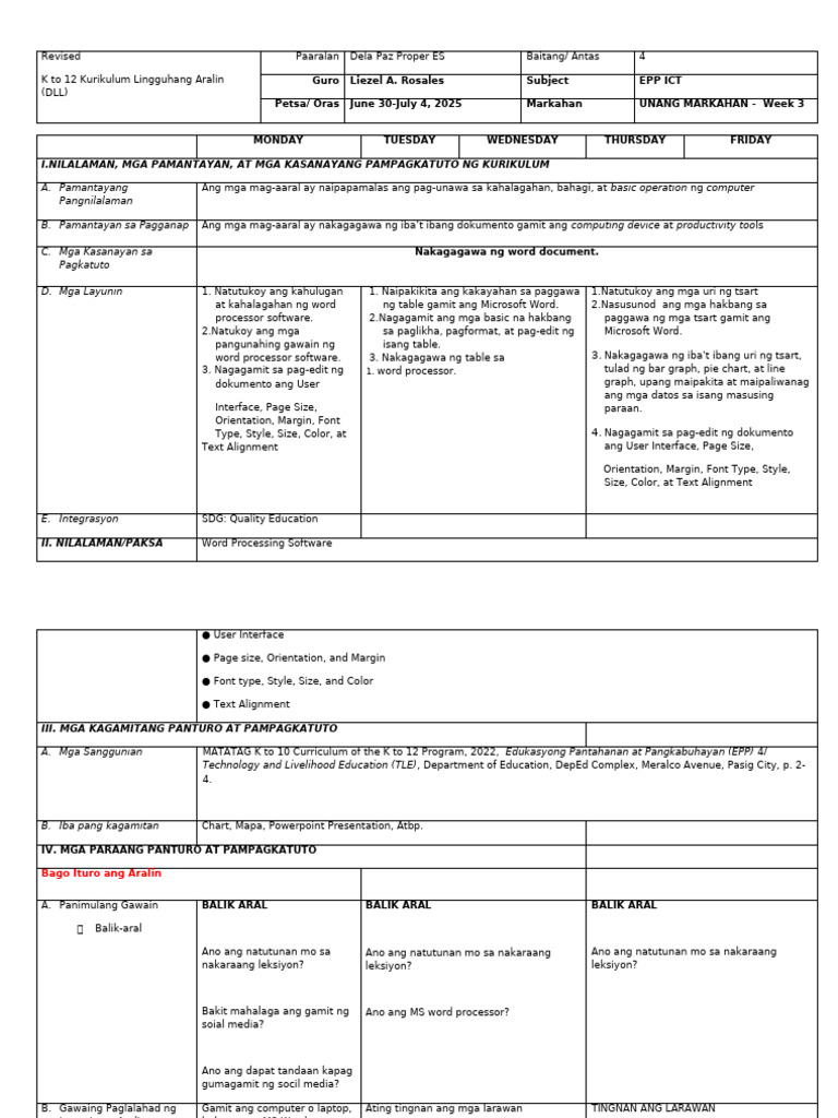 Matatag DLL Week 3 Epp Ict g4 | PDF