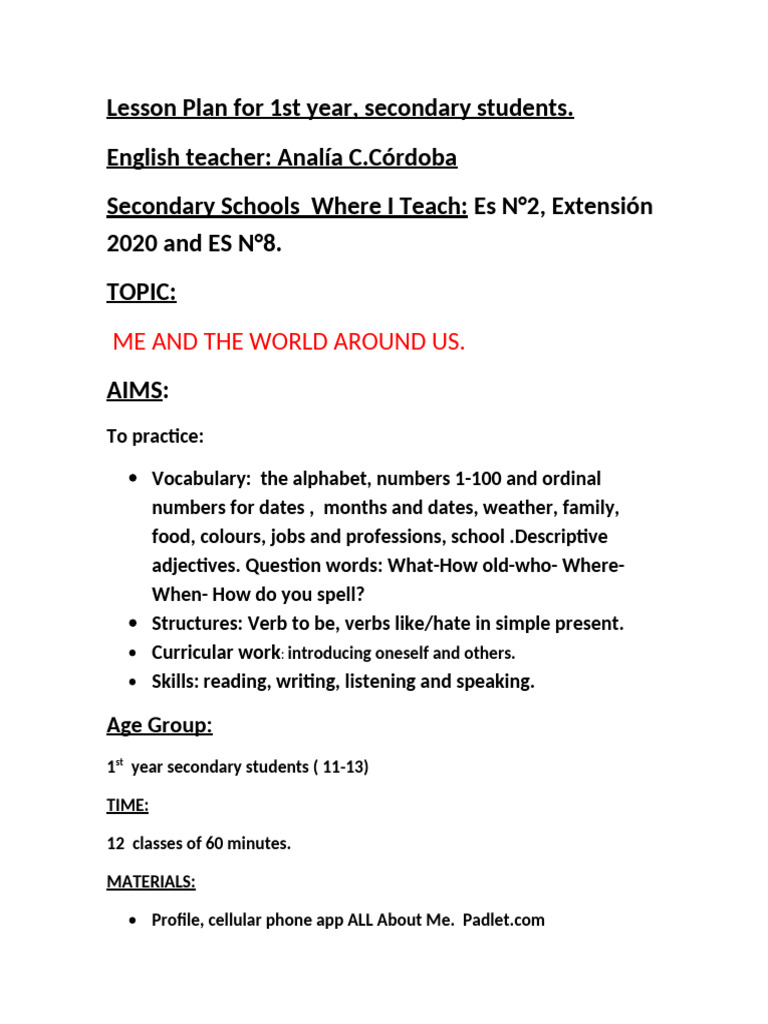 Lesson Plan for 1st year. Final work | PDF | Vocabulary | Human ...