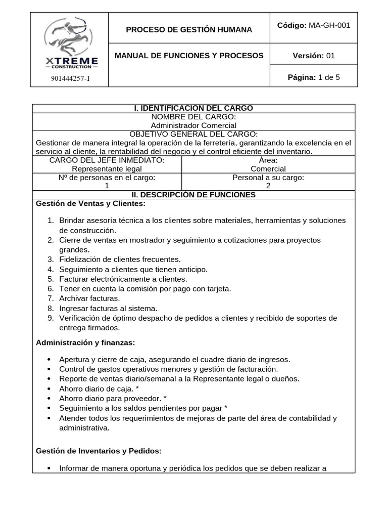 Manual de Funciones Administradora Comercial | PDF | Servicio al ...