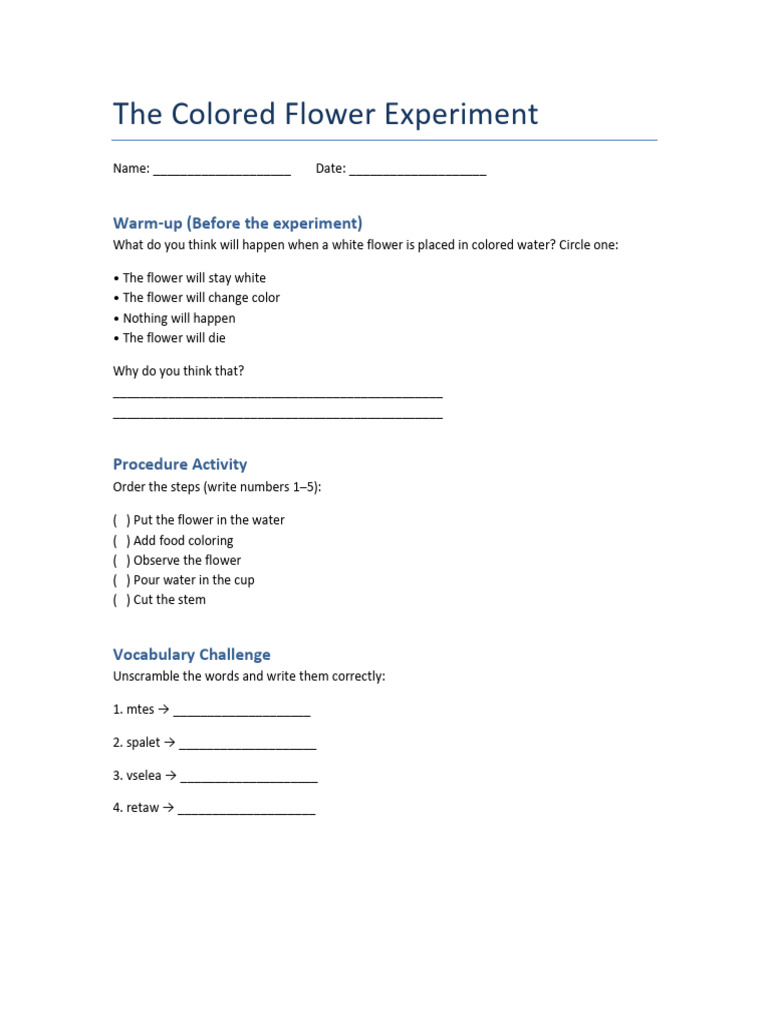 Colored Flower Experiment Worksheet v2 Copy | PDF