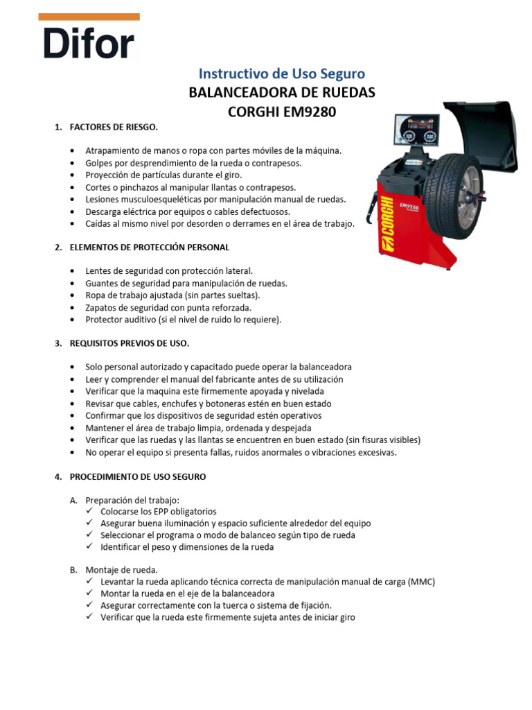 Instructivo Uso Seguro Balanceadora de Ruedas - Panamericana Sur. | PDF ...