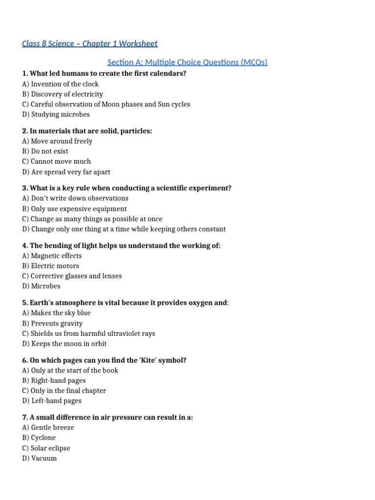 Class8 Science Chapter1 Worksheet Merged | PDF | Moon | Sun