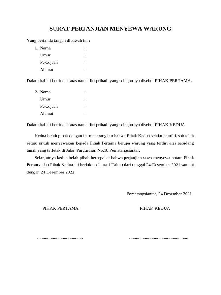 Surat Perjanjian Menyewa Warung | PDF