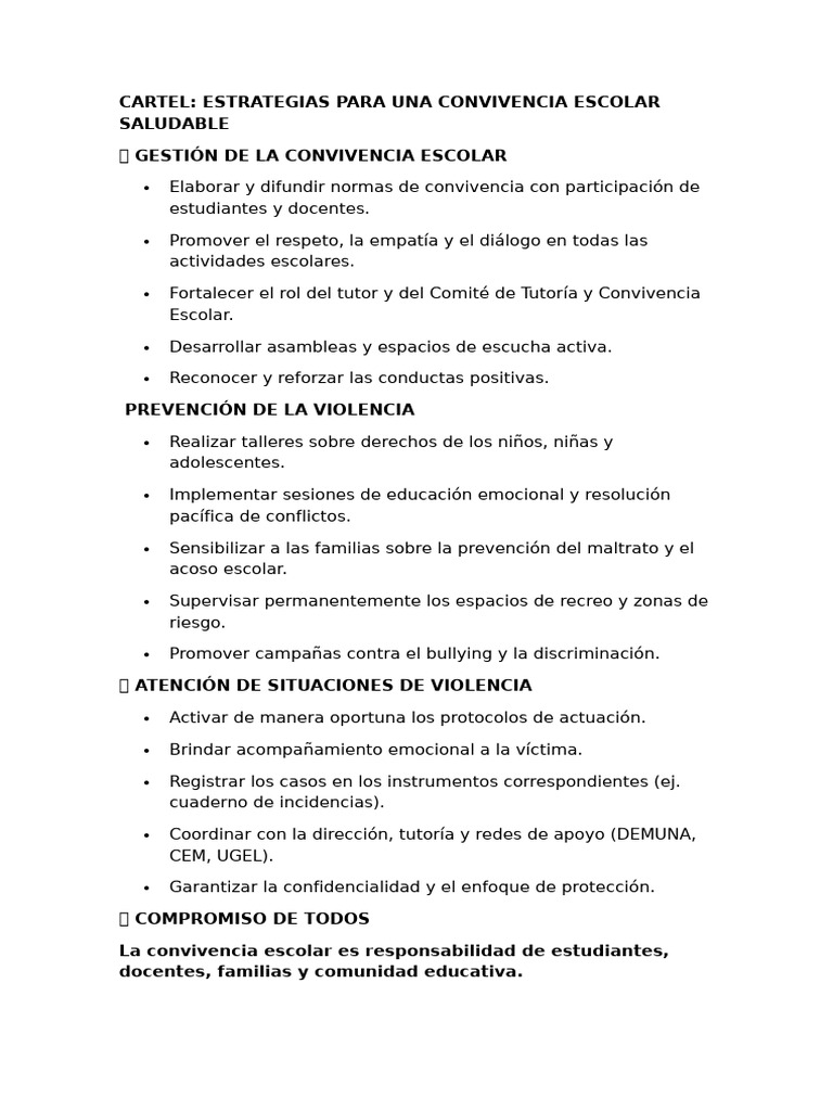 Cartel de Estrategias Para Una Convivencia Escolar Saludable | PDF