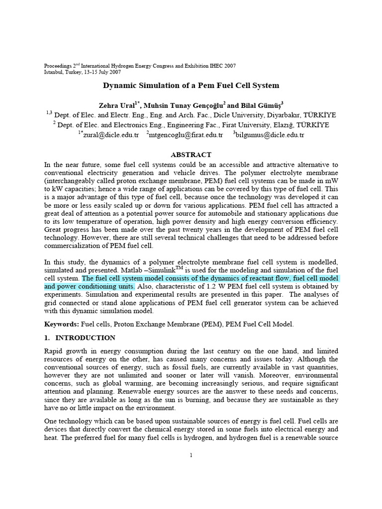 Dynamic Simulation of a PEM Fuel Cell Sy | PDF | Fuel Cell | Electrode