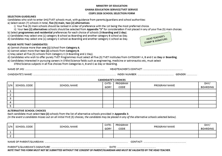 2026 School Selection Form - Cssps | PDF