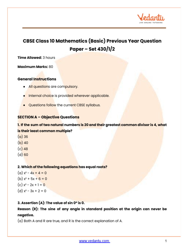 CBSE Class 10 Maths Set 2 2025 (Basic) Question Paper PDF & Solutions ...