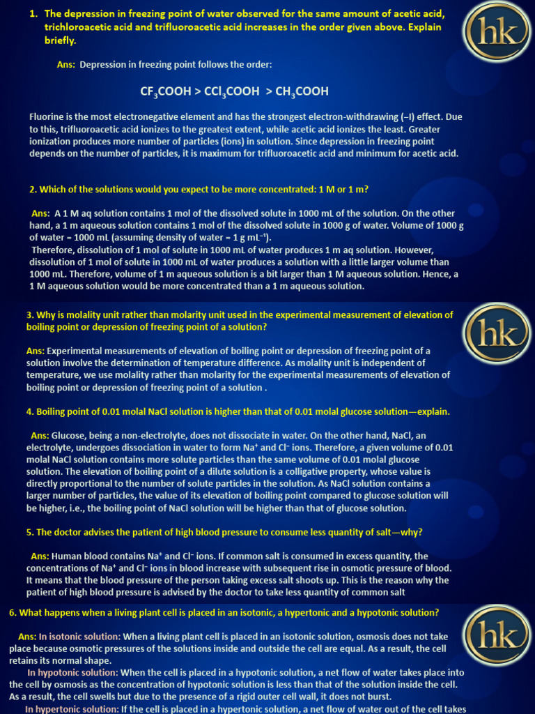 Important Qns on SOLUTION | PDF | Osmosis | Scientific Phenomena