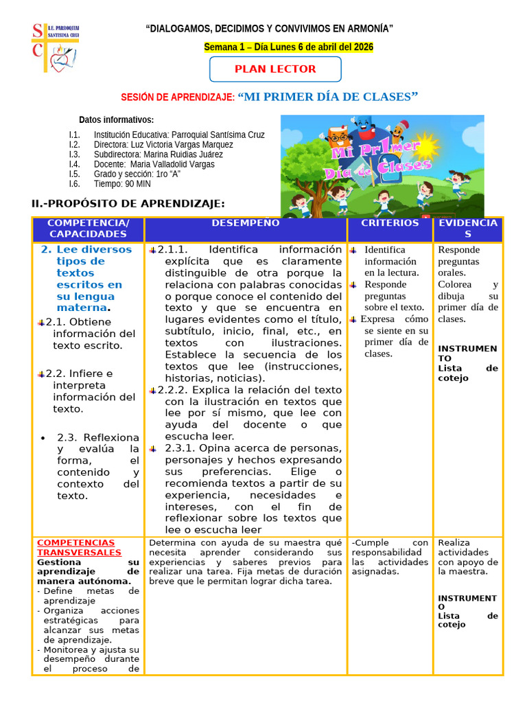 DIA 1 - SEMANA 2 PLAN LECTOR PRIMER DIA DE CLASES | PDF | Aprendizaje ...