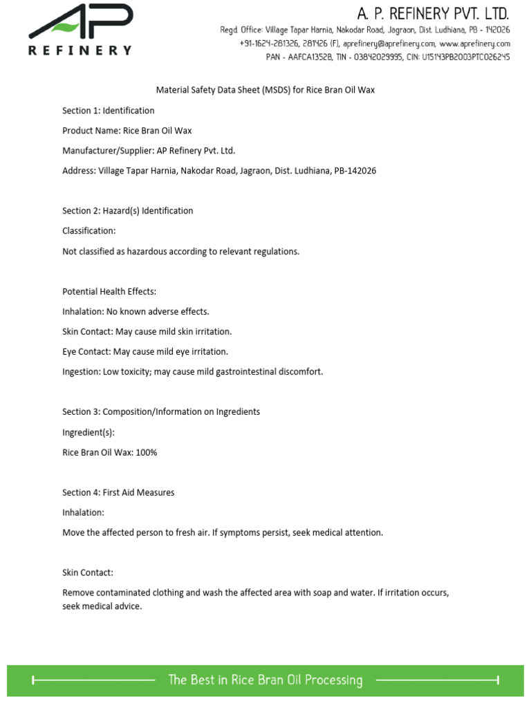 MSDS Rice Bran Wax | PDF | Personal Protective Equipment | Firefighting