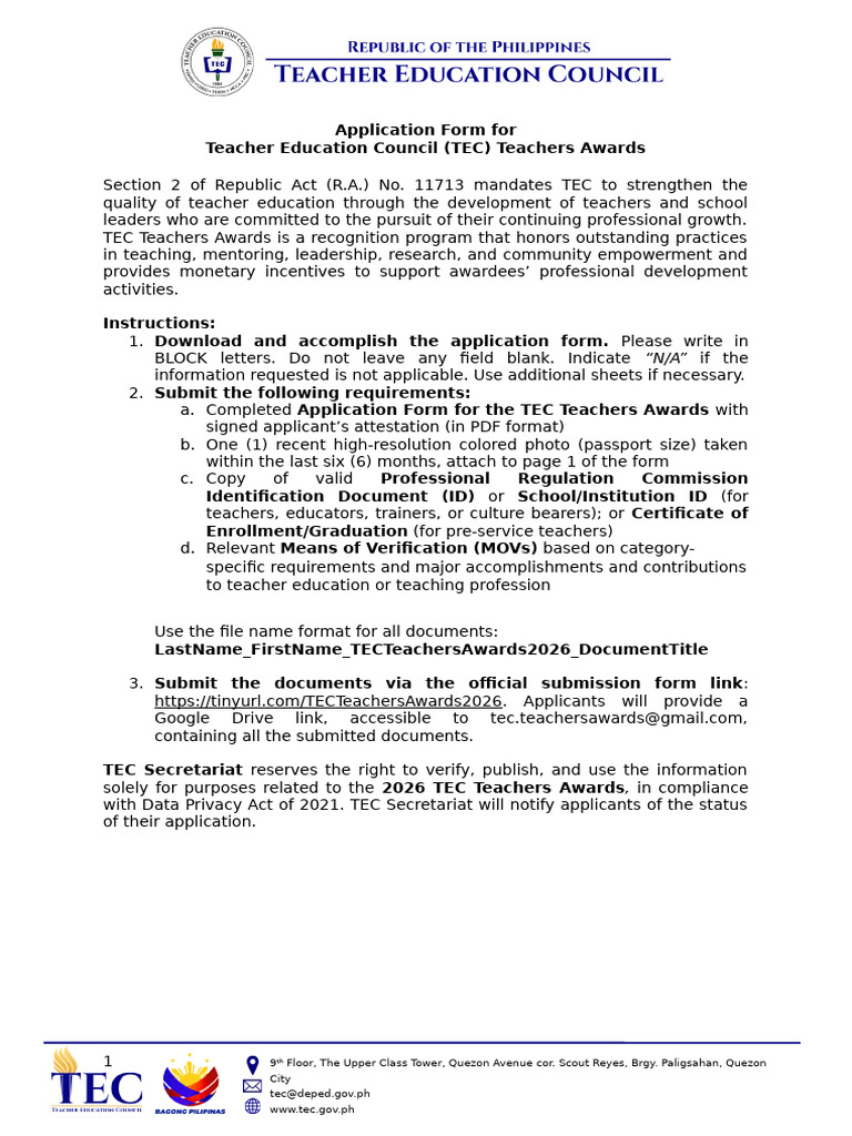 Application Form for TEC Teachers Awards 2026 | PDF | Identity Document