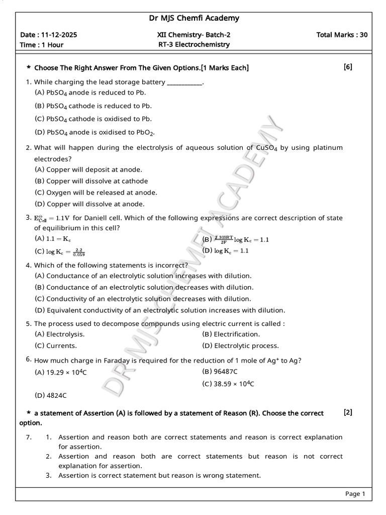 RT-3 Electrochemistry Batch 2 | PDF | Anode | Electrochemistry