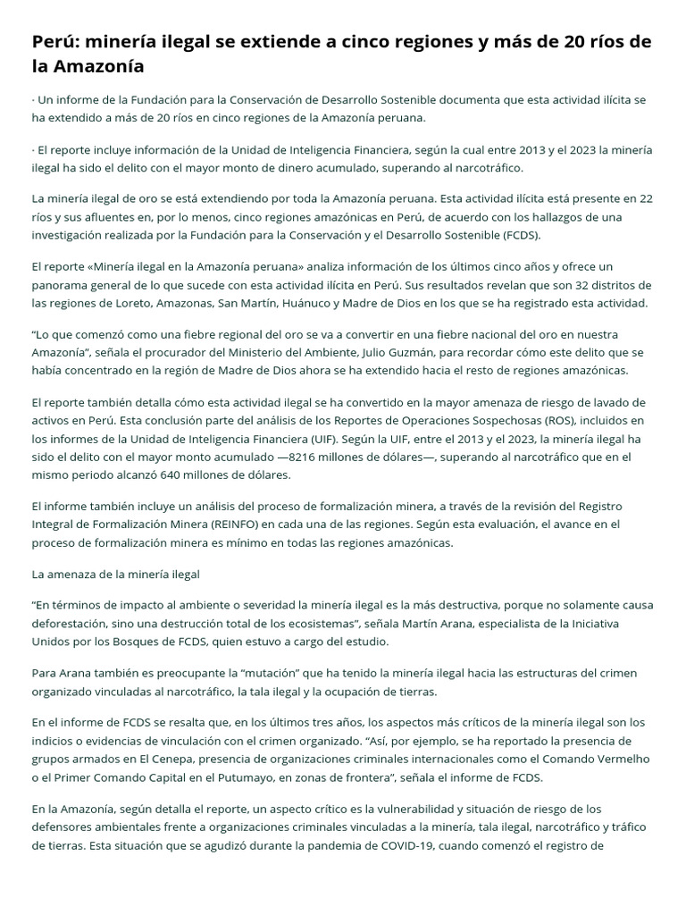 Perú: Minería Ilegal Se Extiende A Cinco Regiones y Más de 20 Ríos de ...