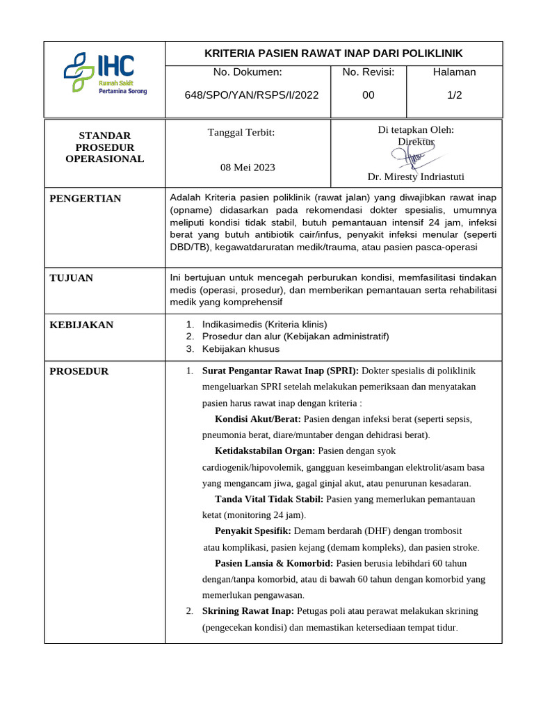 SPO Kriteria Pasien Ranap Dari POLI | PDF