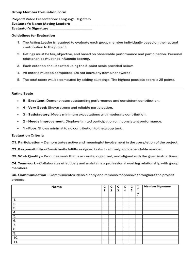 Group Member Evaluation Form | PDF