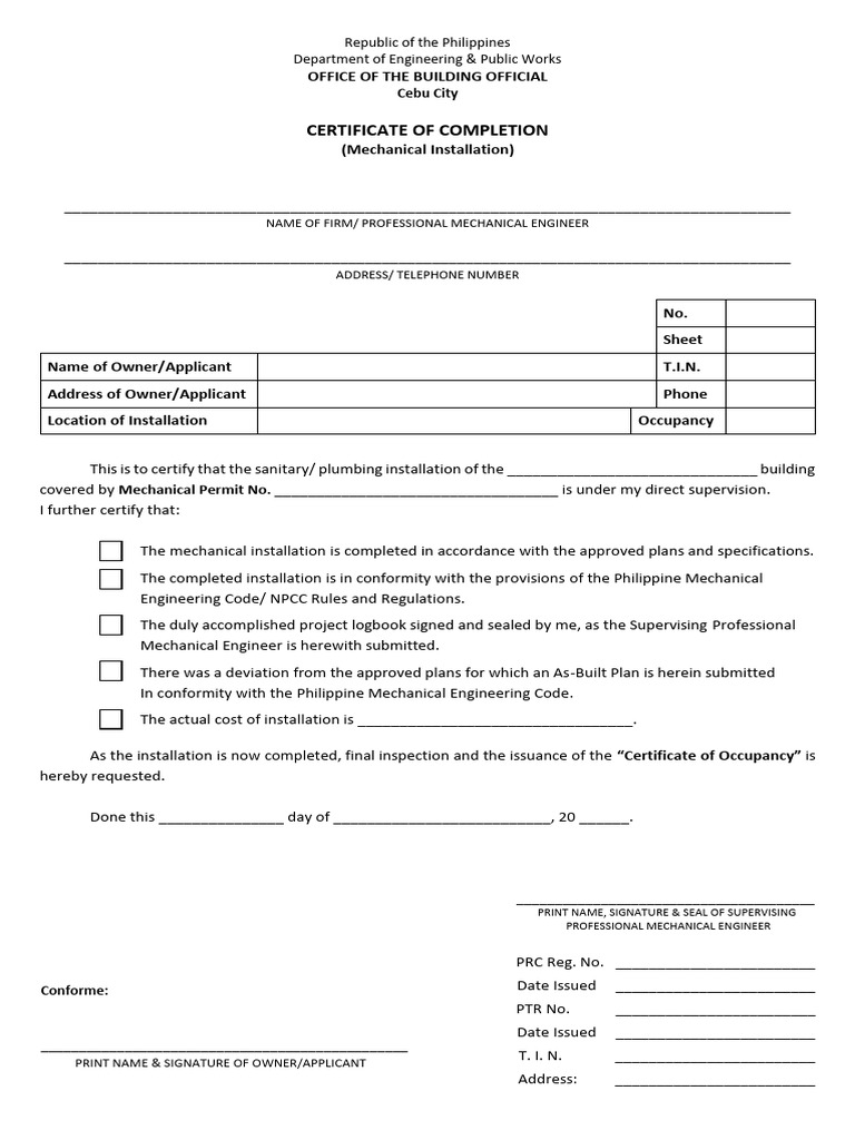 Mechanical Completion Form Occupancy | PDF