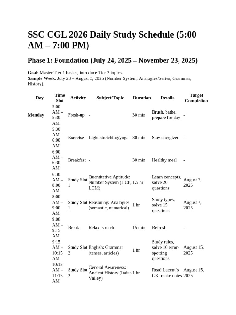 SSC CGL 2026 Daily Study Schedule | PDF