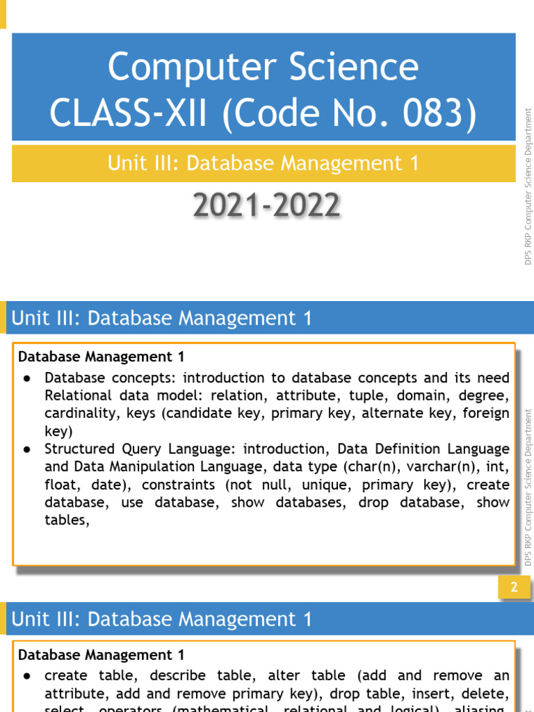 1 Database Management DPS Notes | PDF | Relational Database | Sql