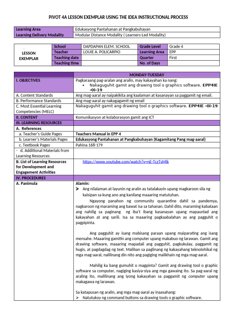 LESSON EXEMPLAR EPP 4 Drawing Tool Graphic Software | PDF