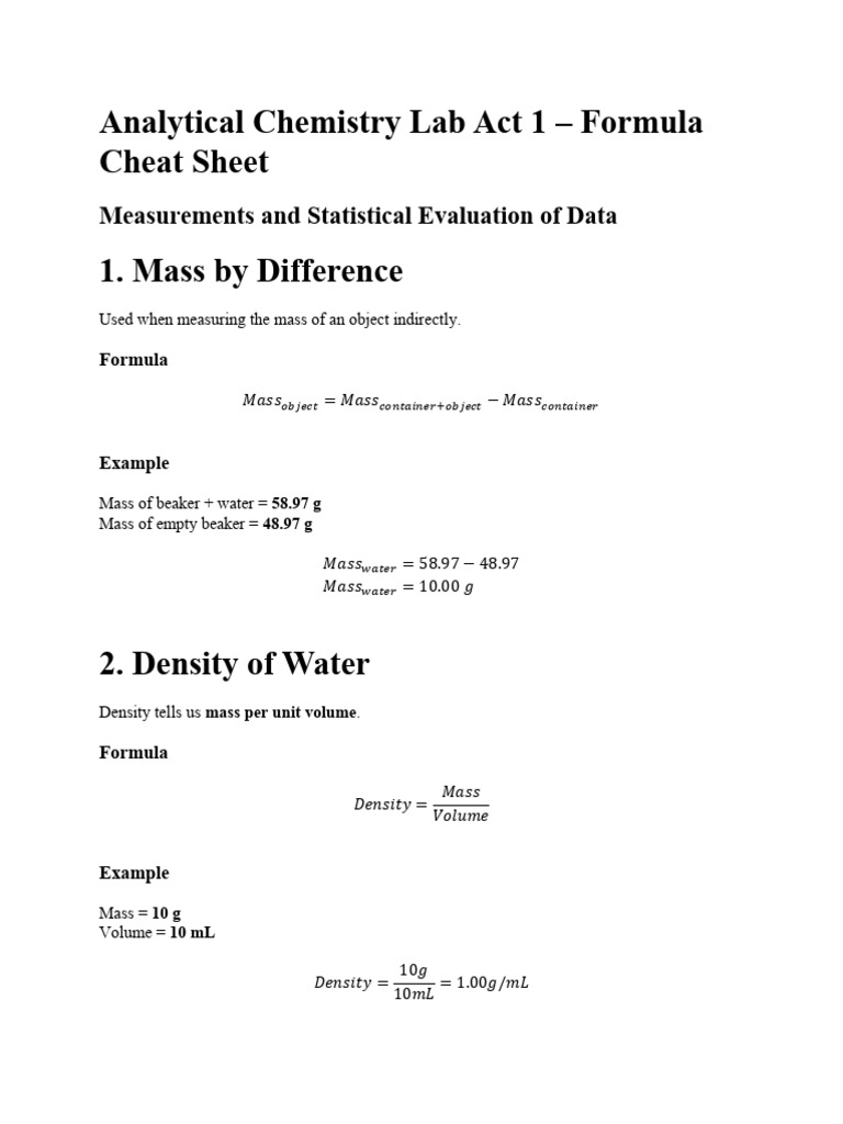 Analytical Chemistry Lab Act 1 Cheatsheet | PDF | Standard Deviation ...