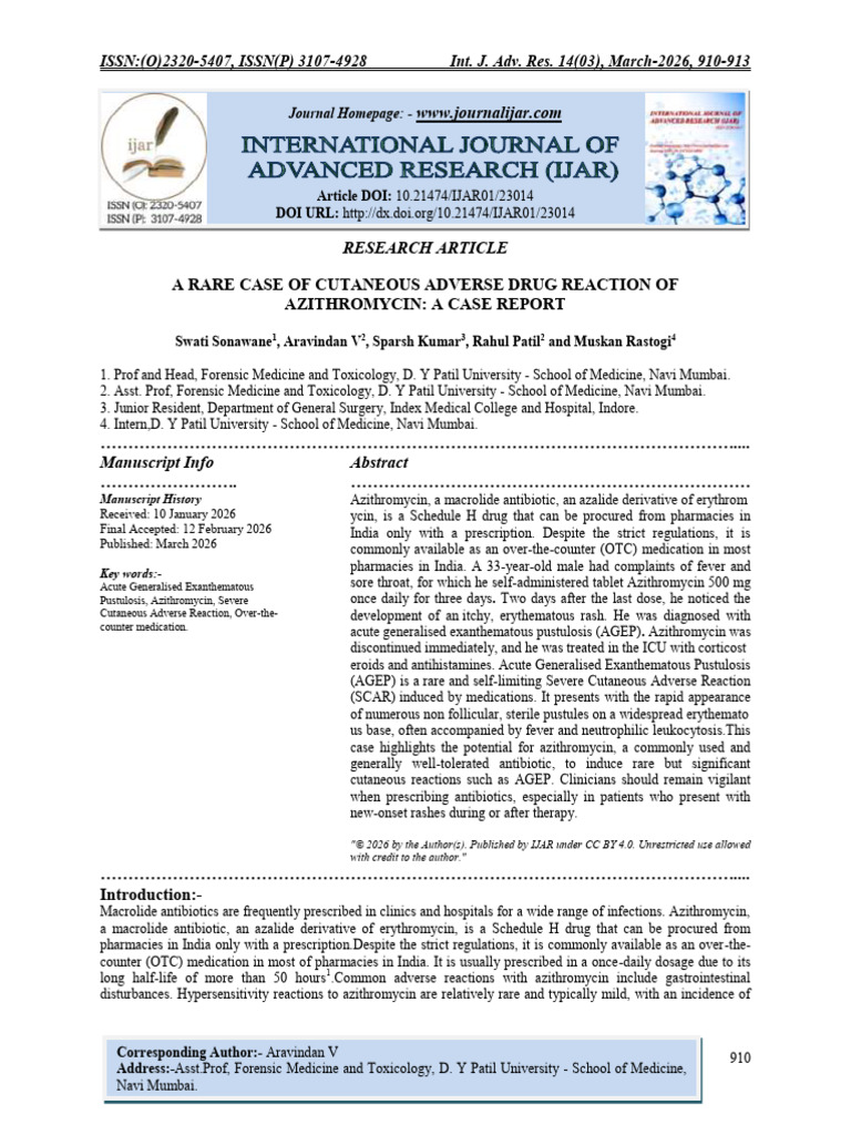 A RARE CASE OF CUTANEOUS ADVERSE DRUG REACTION OF AZITHROMYCIN: A CASE ...