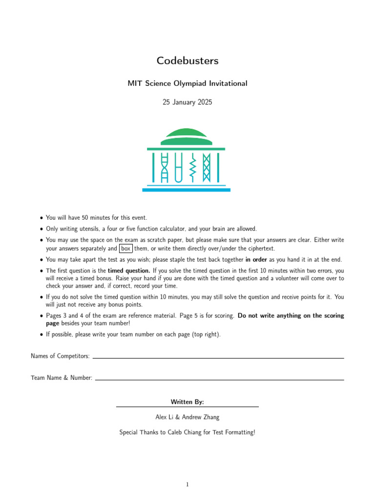 2025 MIT Codebusters C TEST (3) | PDF | Cipher | Cryptography