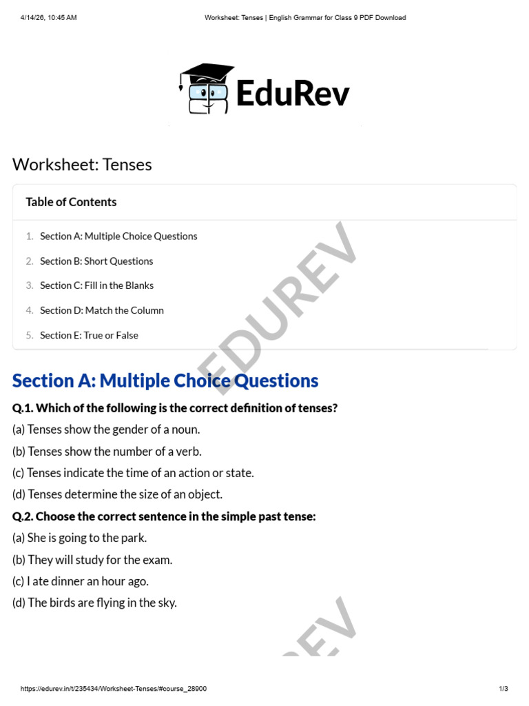 Worksheet_ Tenses _ English Grammar for Class 9 PDF Download | PDF ...