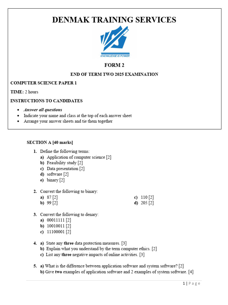 Form 2 Term 2 Exam x 20 | PDF | Computing