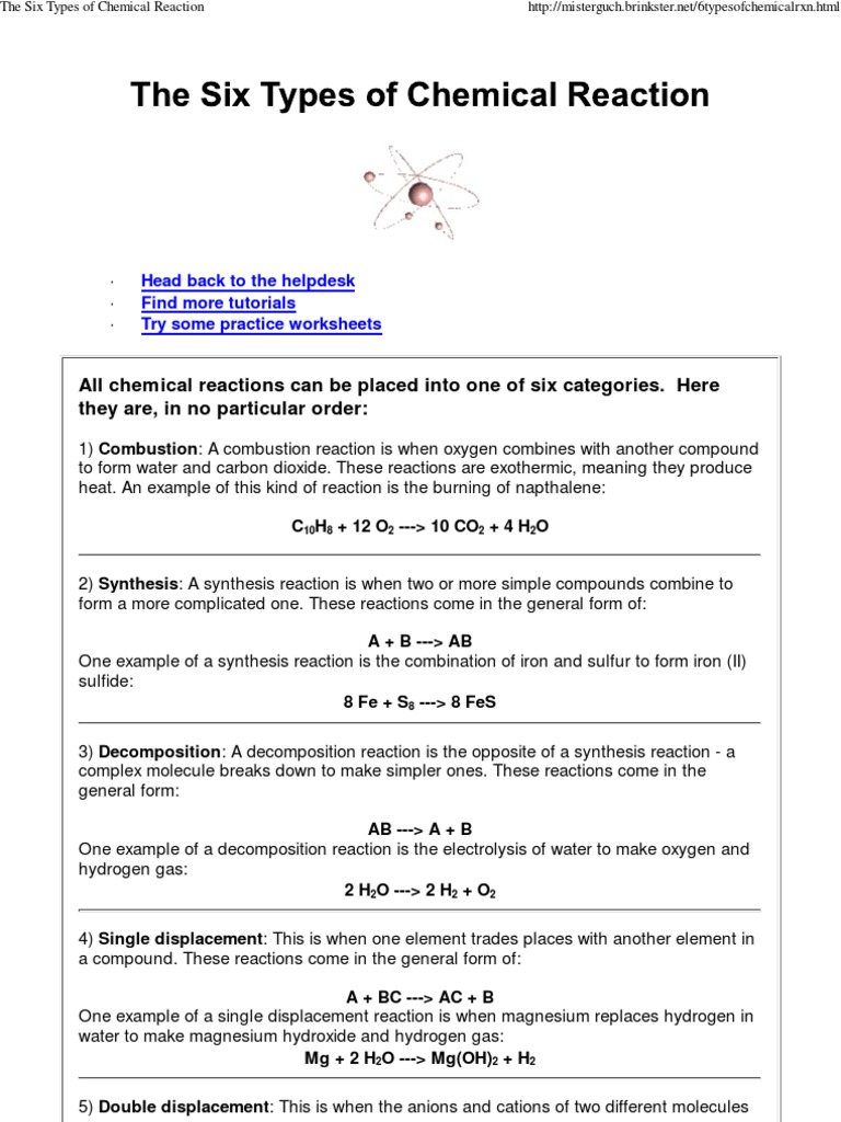 worksheet Synthesis And Decomposition Reactions Worksheet the six types of chemical reaction compounds reactions
