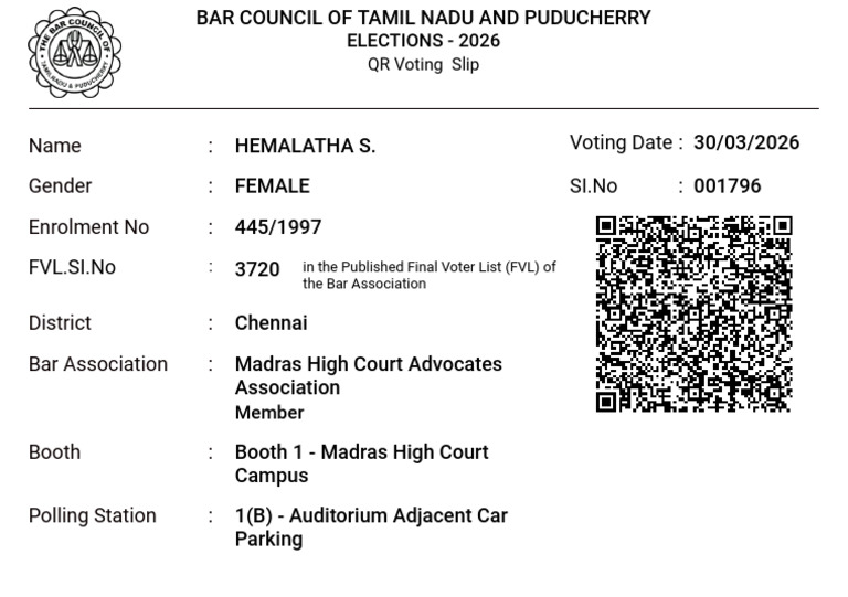 Bctnpy Election 2026 - Qr Voter Slip - 001796 - Hemalatha_s | PDF