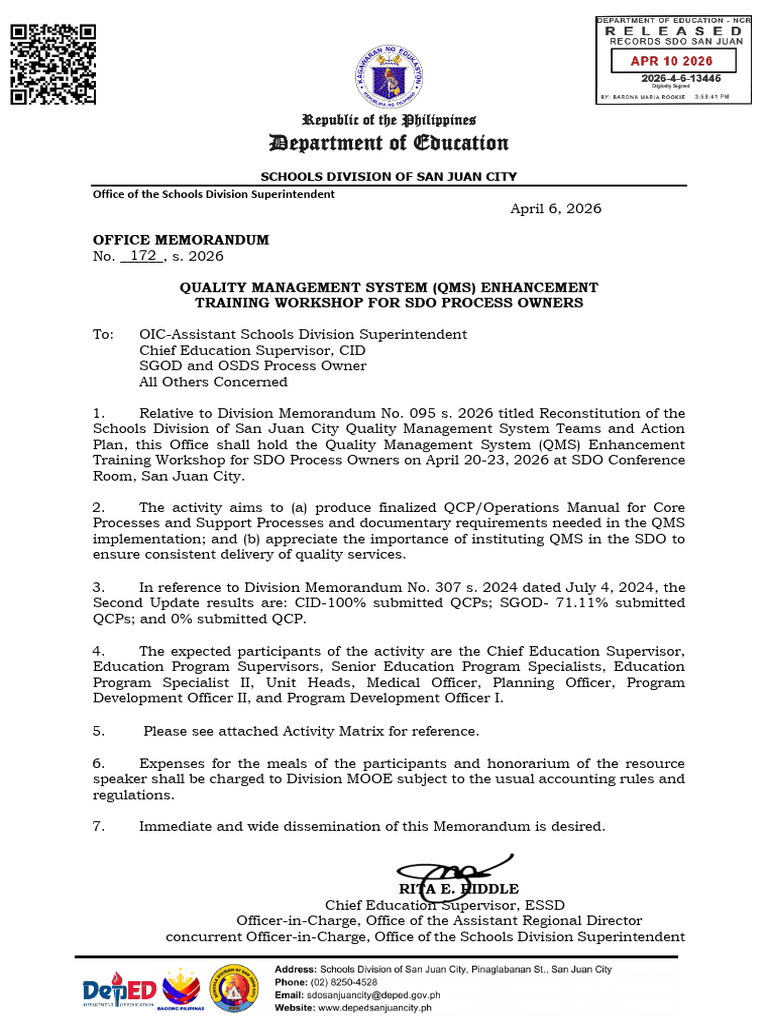 Divmem2026-172 Quality Management System (Qms) Enhancement Training ...