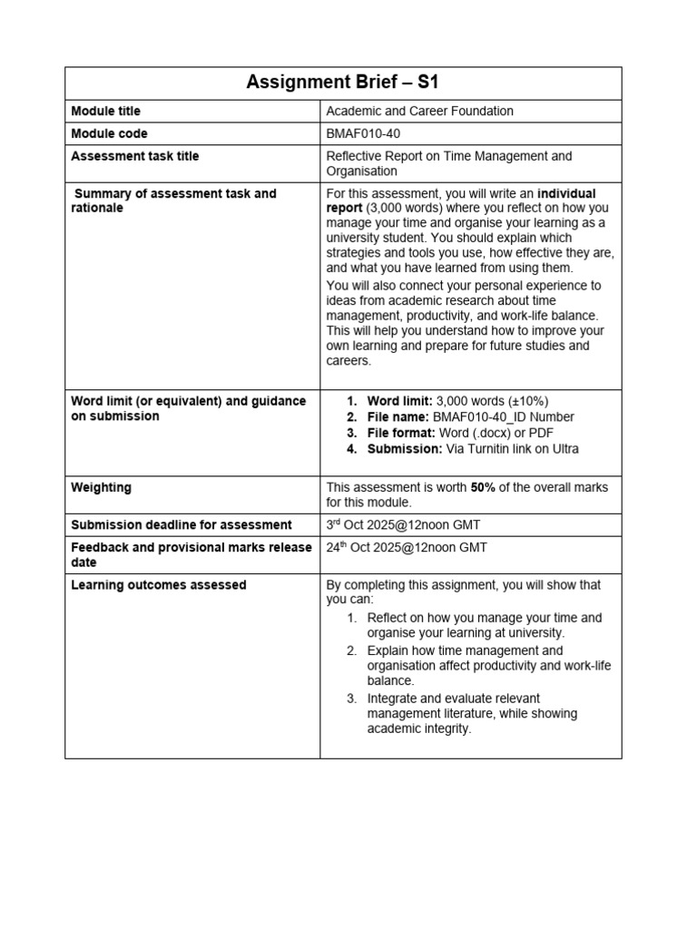 2025-26 BMAF010-40 Academic and Career Foundation Assignment Brief - S1 ...